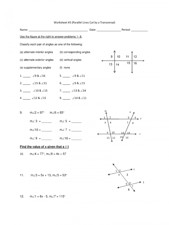 Parallel Lines Transversal Worksheet