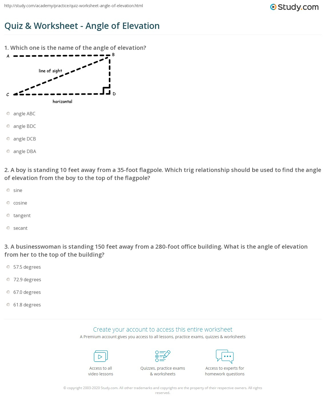 Quiz Worksheet Angle Of Elevation Study