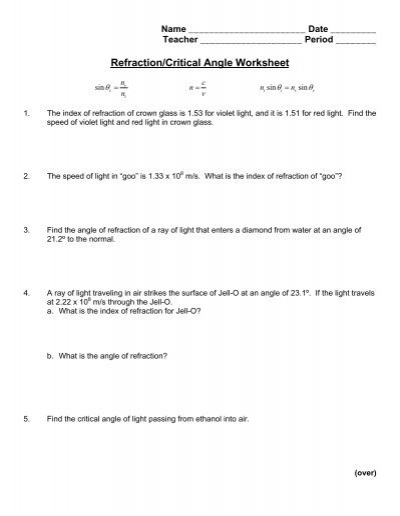 Refraction Critical Angle Worksheet
