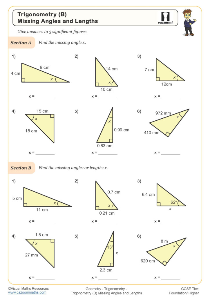 Trigonometry B Missing Angles And Lengths Worksheet Printable PDF 