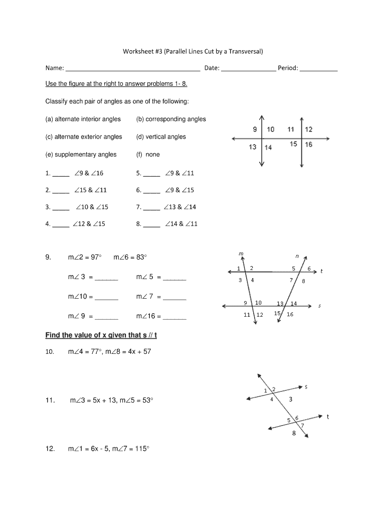 Two Parallel Lines Cut By A Transversal Worksheet Answers Fill Online 