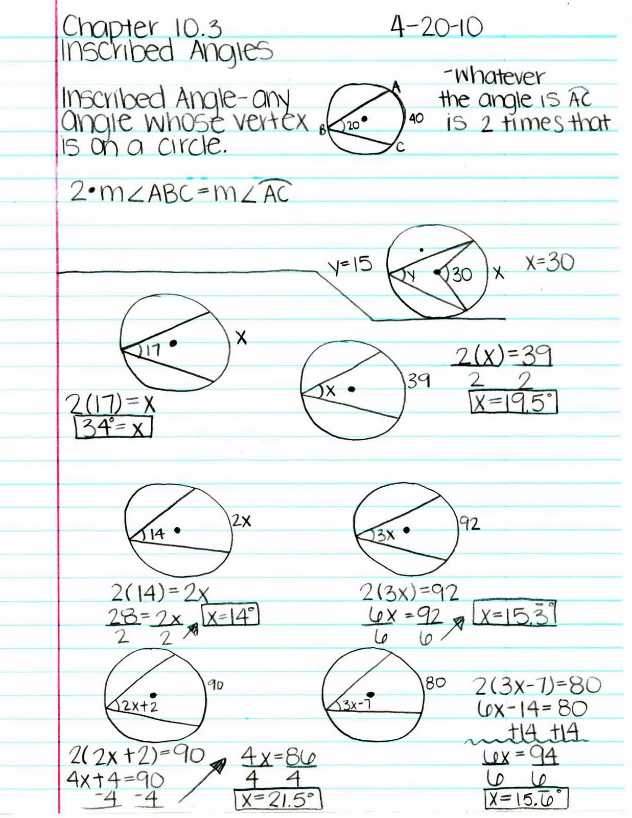 Worksheet Inscribed Angles And Arcs Day 2 Answers