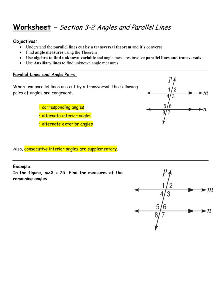 Worksheet Section 3 2 Angles And Parallel Lines
