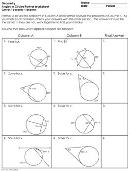 Angles In Circles Using Secants Tangents And Chords Partner Worksheet