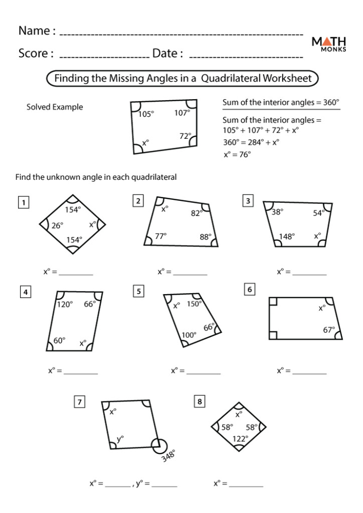 Angles In Quadrilaterals Worksheets Math Monks