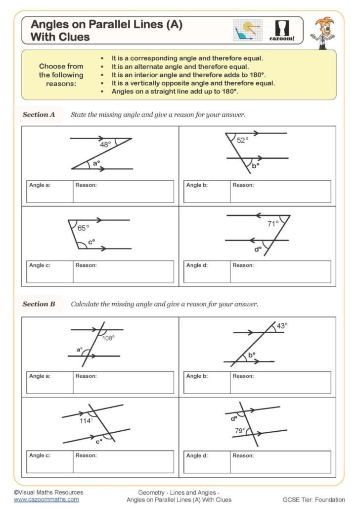 Angles On Parallel Lines A With Clues Worksheet Cazoom Maths 