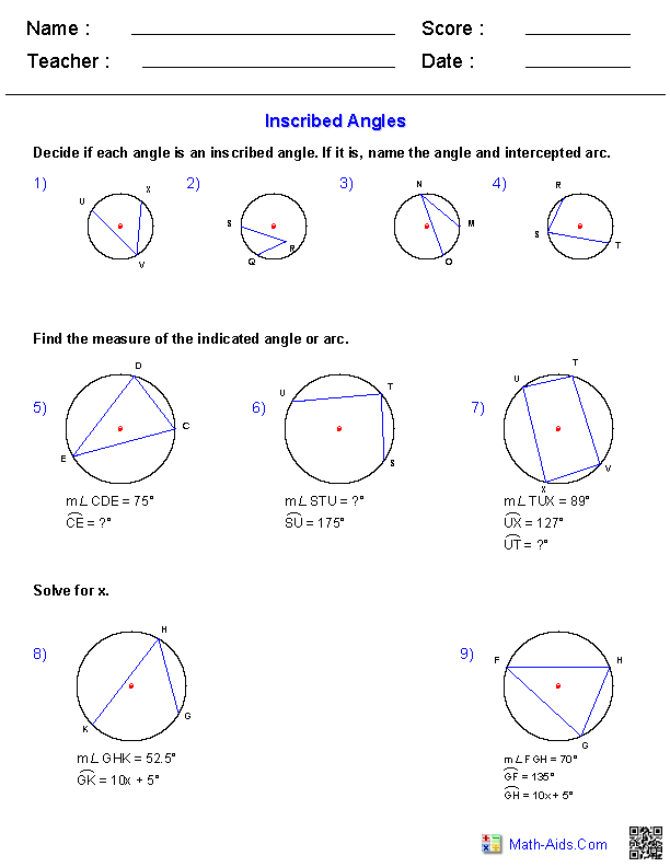 Central Angles And Inscribed Angles Worksheet Answer Key