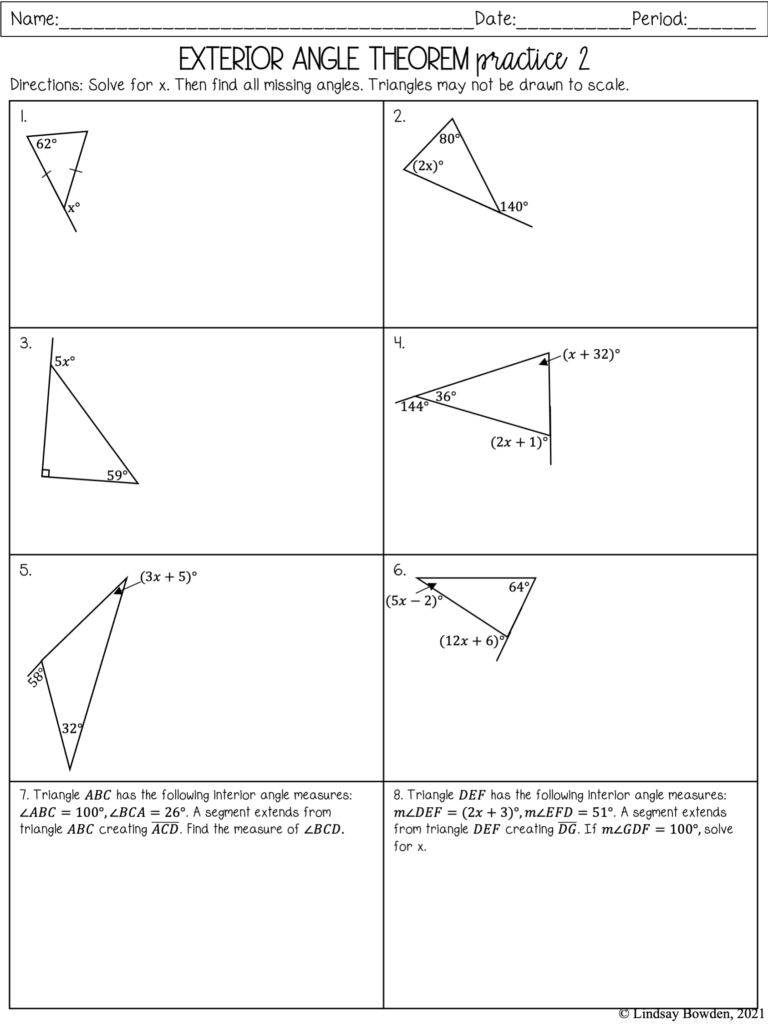 Exterior Angle Theorem Notes Worksheets Lindsay Bowden