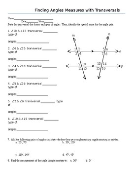 Finding Angles Measures With Transversals Worksheet By Math With Marie