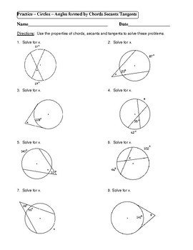Geometry Unit 10 Circle Angles Form By Chords Secants Tangents Worksheet