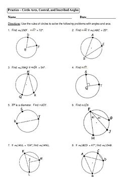 Geometry Unit 10 Circle Arcs Central Inscribed Angles Worksheet