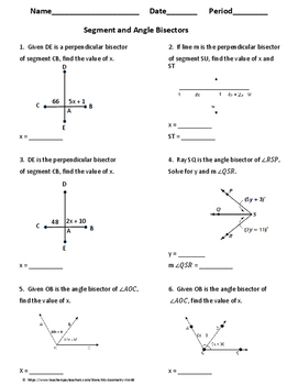 Geometry Worksheet Segment And Angle Bisectors By My Geometry World