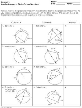 Inscribed Angles In Circles Partner Worksheet By Mrs E Teaches Math