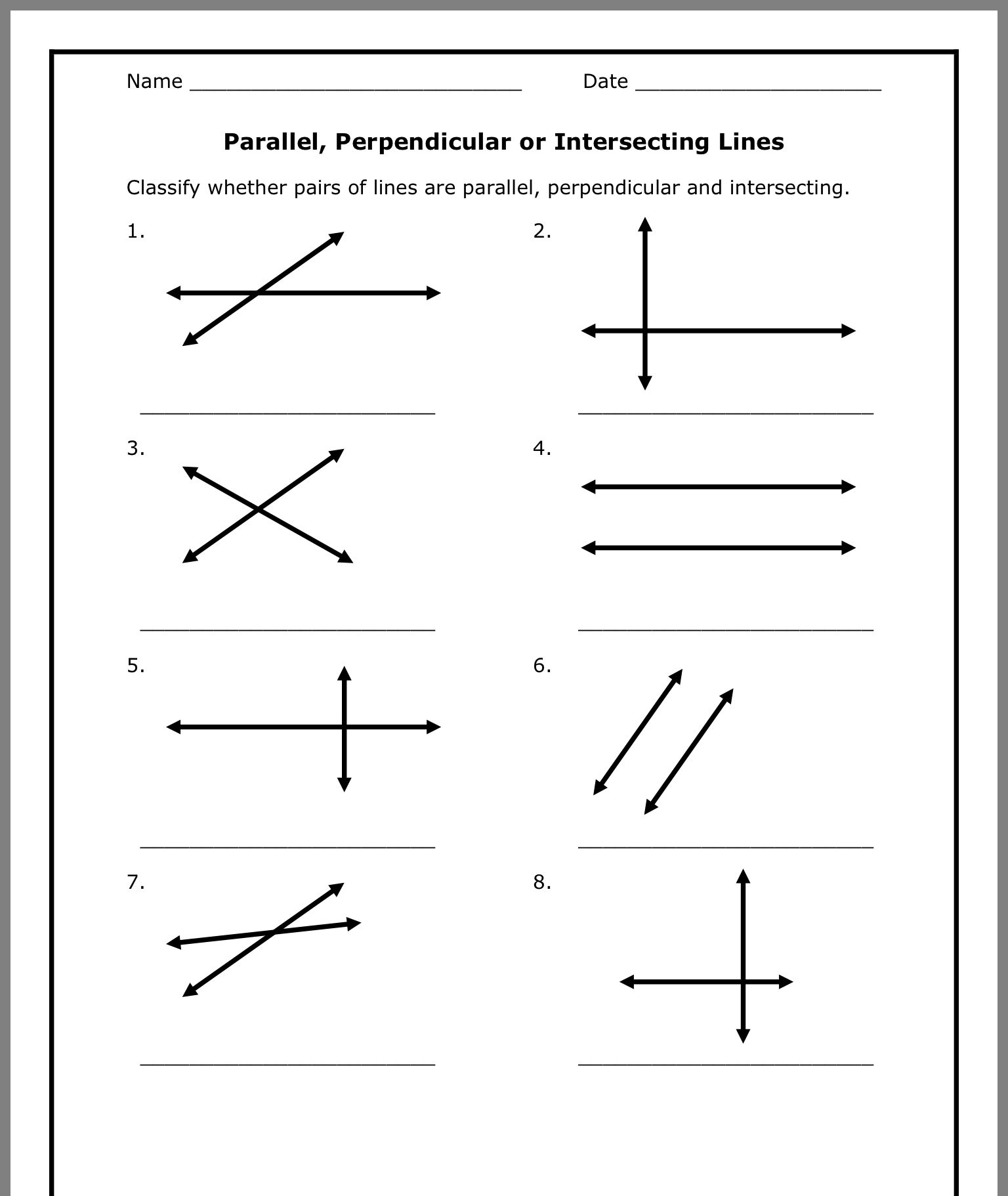 Parallel Intersecting And Perpendicular Lines Worksheets