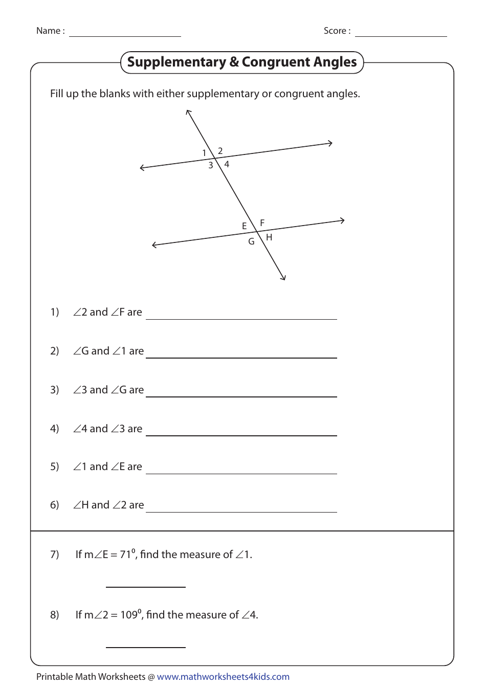 Supplementary Congruent Angles Worksheet With Answer Key Download