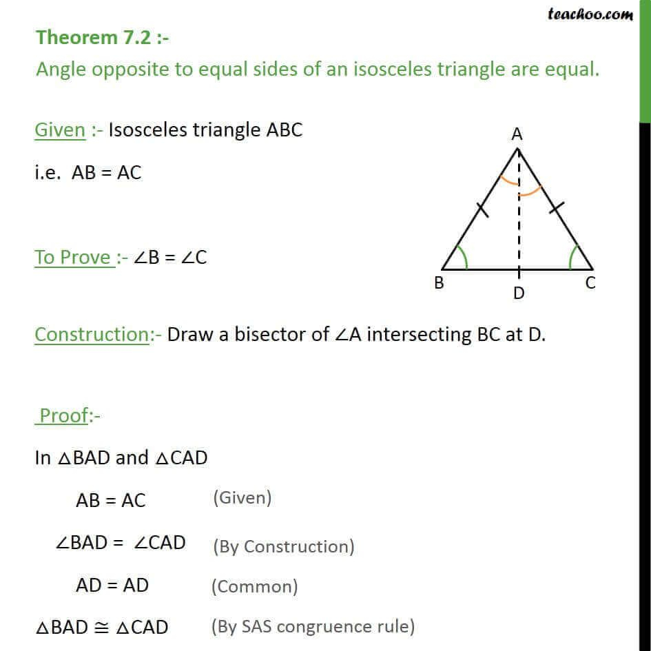 Theorem 7 2 Angle Opposite To Equal Sides Of An Isosceles Triangle