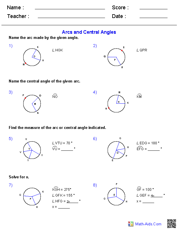 Worksheet Central Angles And Arcs Geometry Cp Answer Key