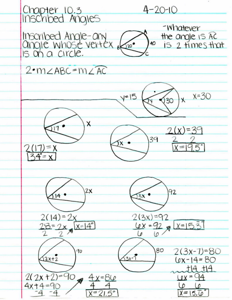 Worksheet inscribed Angles And Arcs day 2 Notes Geometry Ans