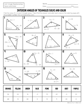 Worksheet Interior Angles Of Triangles Solve And Color Answer Key 