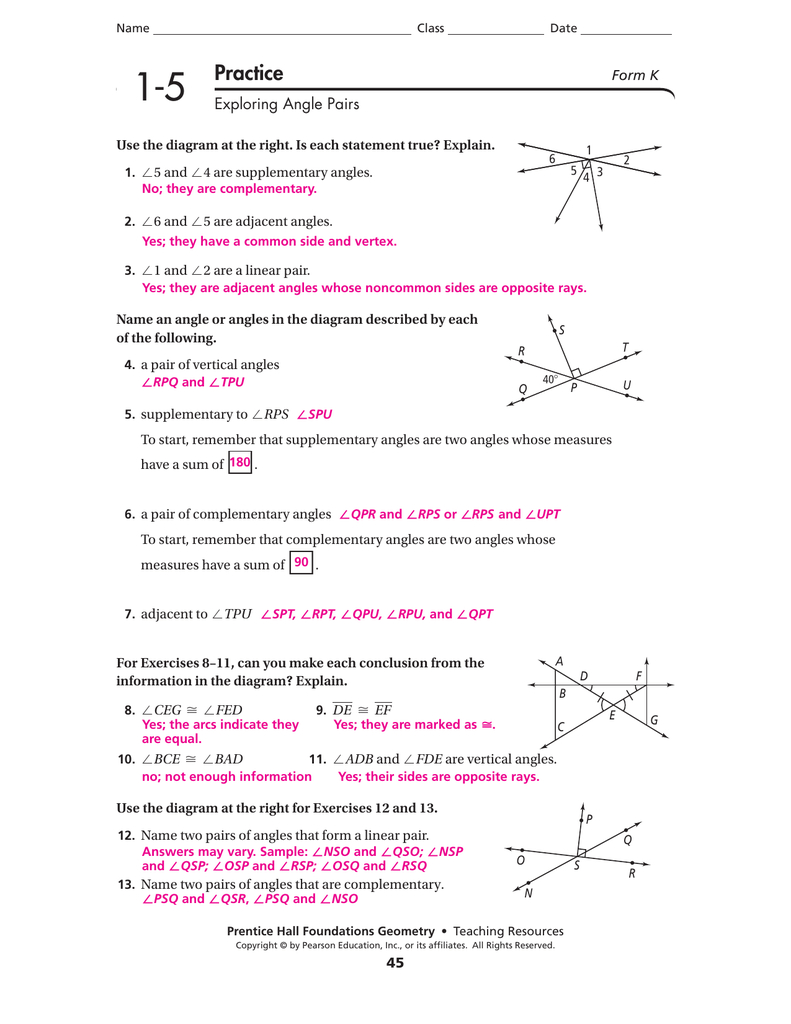 1 5 Angle Pair Relationships Practice Worksheet Answers Db excel