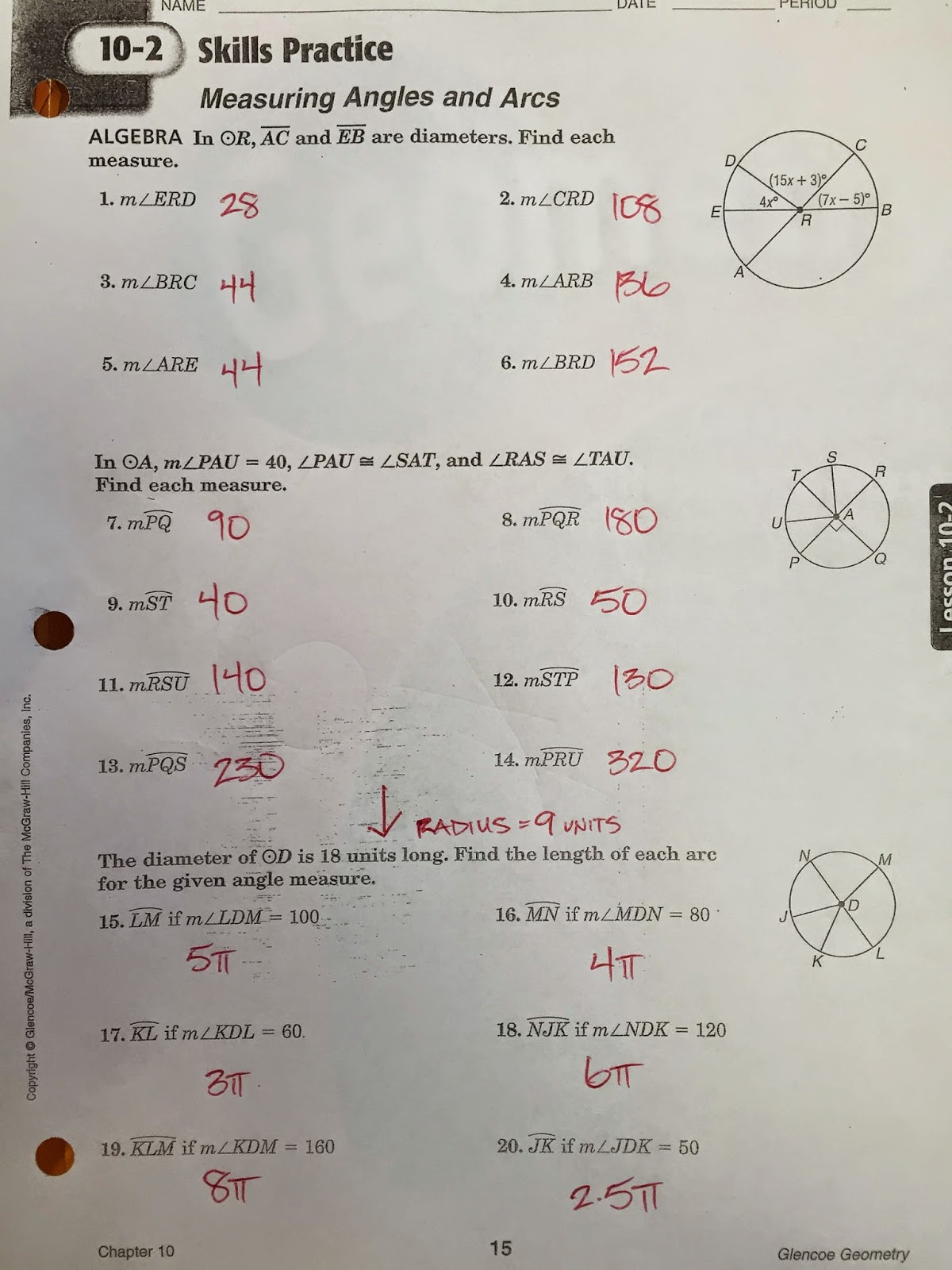 10 1 Skills Practice Measuring Angles And Arcs Worksheet Answers