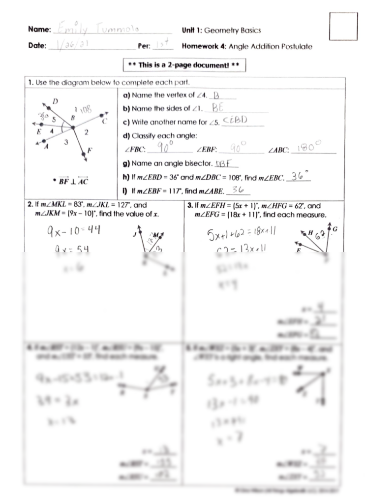 Angle Addition Practice Answer Key