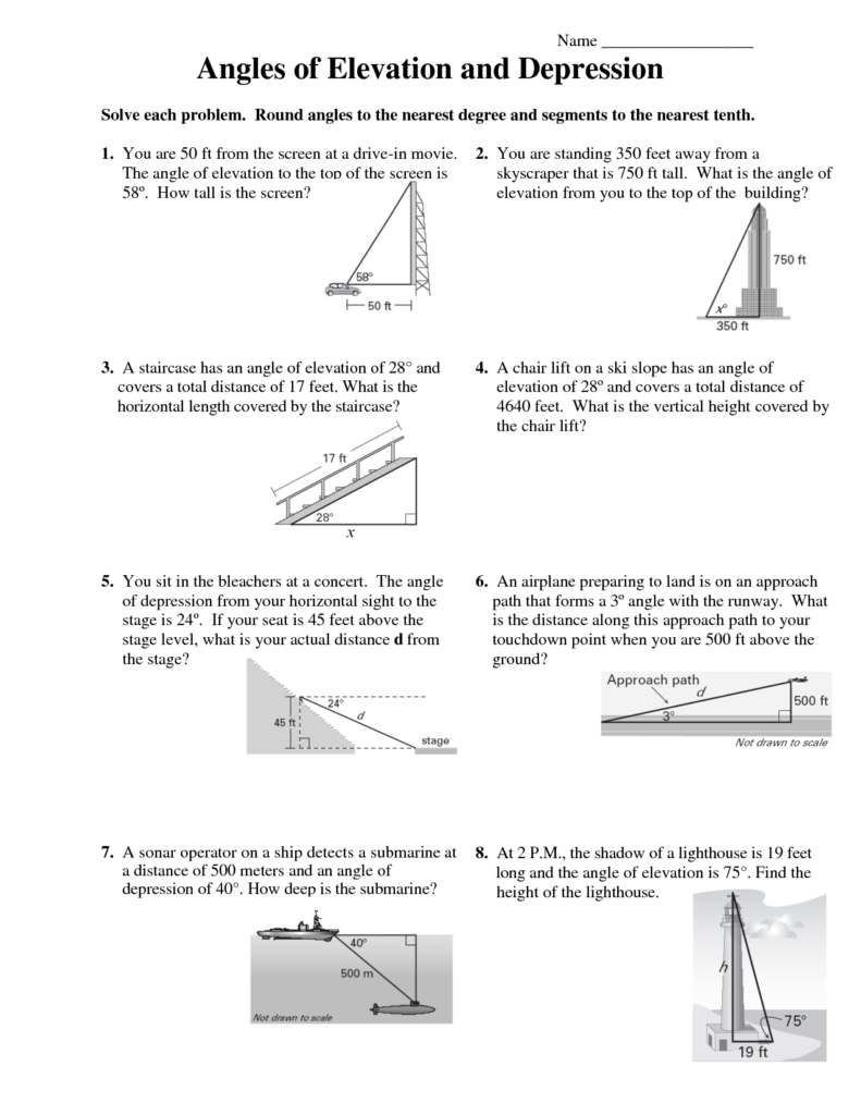 Angle Of Elevation And Depression Trig Worksheet With Answers 