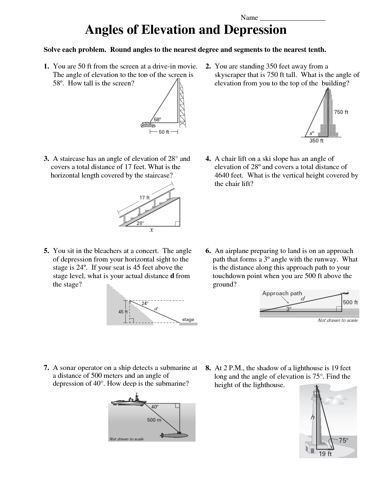 Angle Of Elevation And Depression Trig Worksheet With Answers
