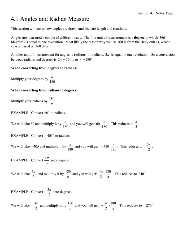 Angles And Radian Measure Worksheet Ameise Live