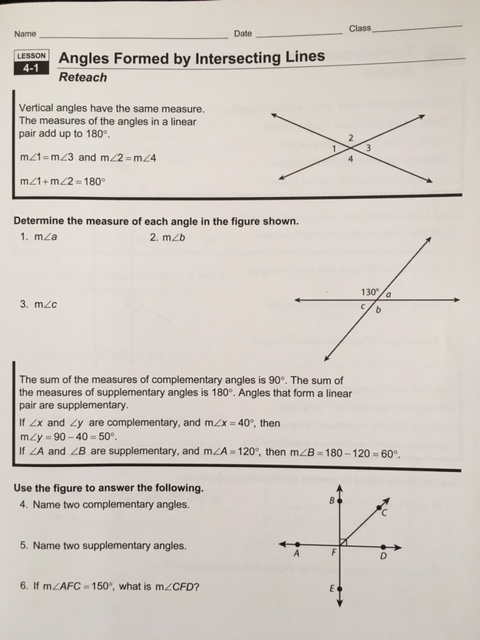 Angles Formed By Intersecting Lines Worksheet Lesson 4 1