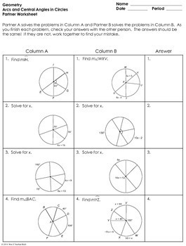 Arcs And Central Angles In Circles Partner Worksheet By Mrs E Teaches Math