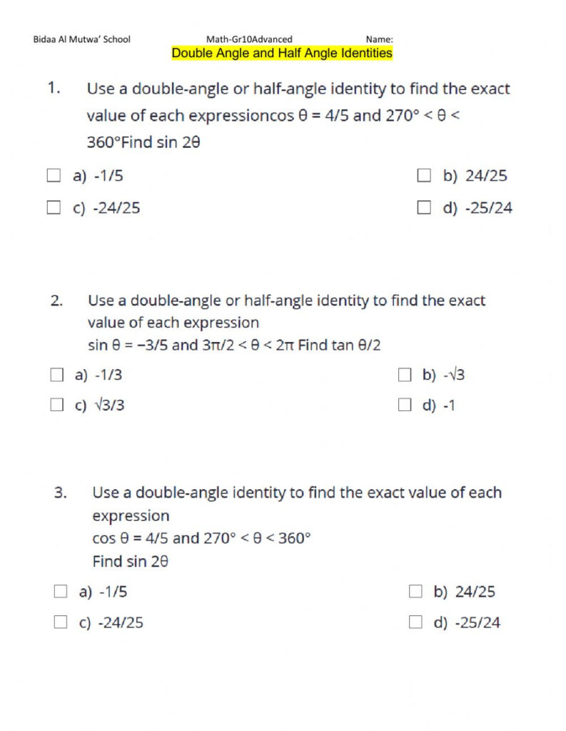 Double And Half Angle Identities Worksheet Answers Kuta Software 