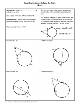Geometry Worksheet Secants Vertex Outside The Circle By My Geometry 