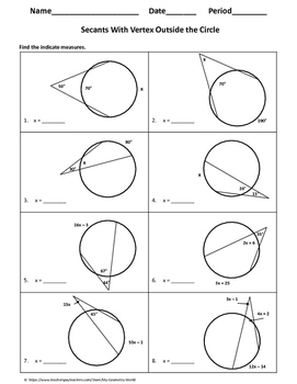 Geometry Worksheet Secants Vertex Outside The Circle By My Geometry