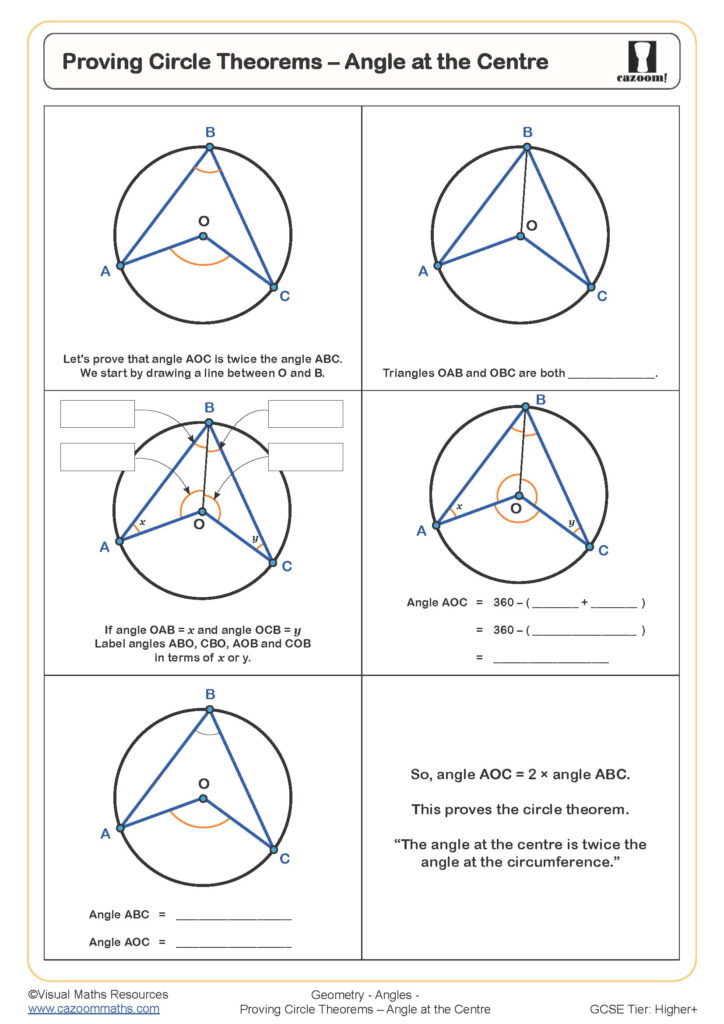 Proving Circle Theorems Angle At The Centre Worksheet Printable PDF 