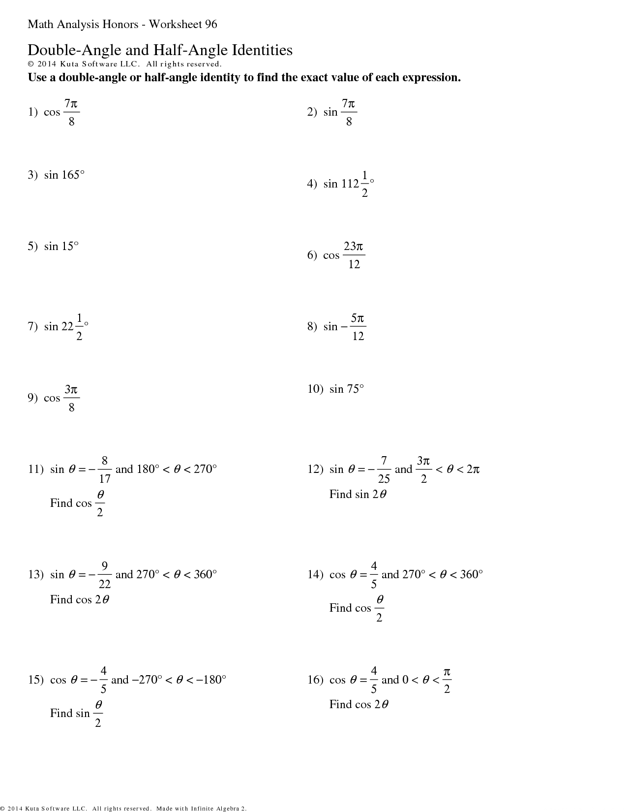 SOLUTION Worksheet Double Angle And Half Angle Identities Studypool