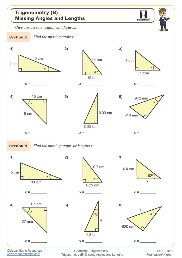 Trigonometry B Missing Angles And Lengths Worksheet Cazoom Maths 