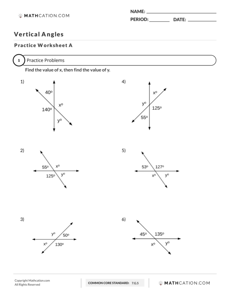 Vertical Angles Worksheet Answer Key
