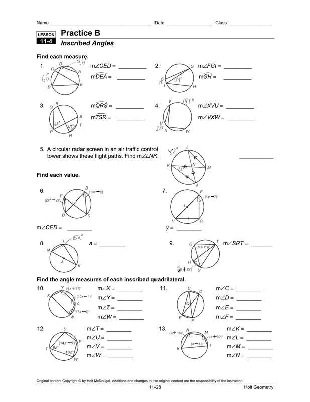 Worksheet 12 3 Inscribed Angles Answer Key
